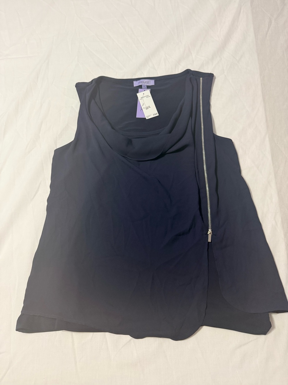 NWT Premise Navy Blue Sleeveless Cowl Neck Top Silver Side Zipper Accent Size XL